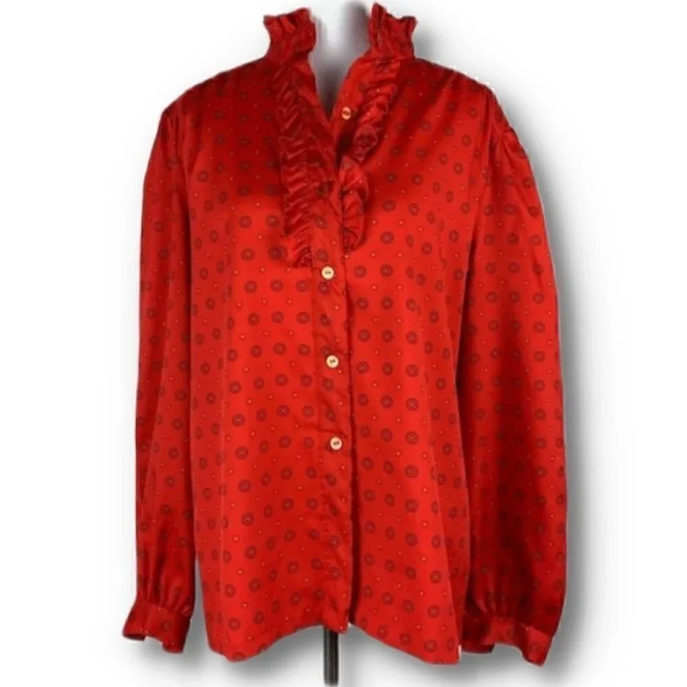 Pins and Needles Womens top size 18 Red geometric ruffle button down vintage 80s